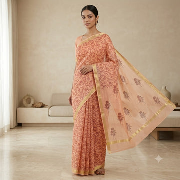 Kota Doriya Saree | Peach Orange Floral Jaal Print