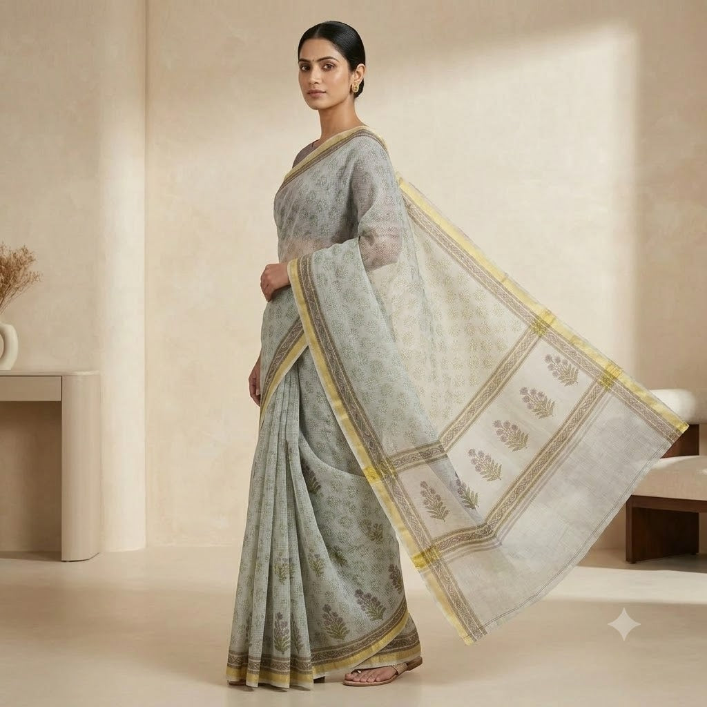 Kota Doriya Saree | Grey Sage Floral Print