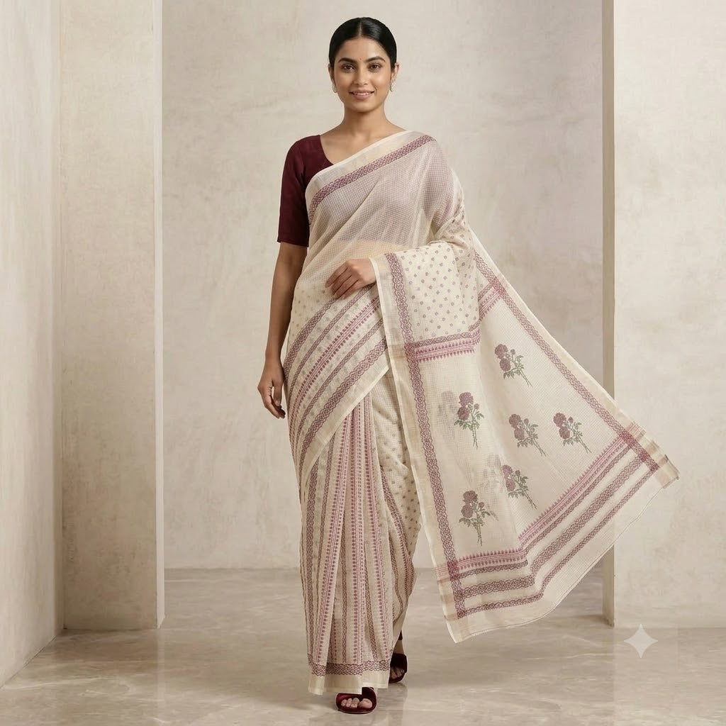 Kota Doriya Saree | Cream Maroon Rose Print