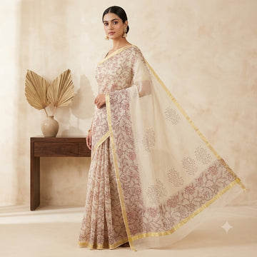 Kota Doriya Saree | Ivory Pink Floral Jaal Print