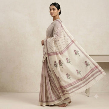 Kota Doriya Saree | Cream Maroon Rose Print