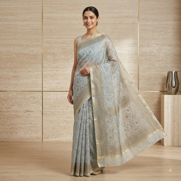 Kota Doriya Saree | Powder Blue Gold Floral Print