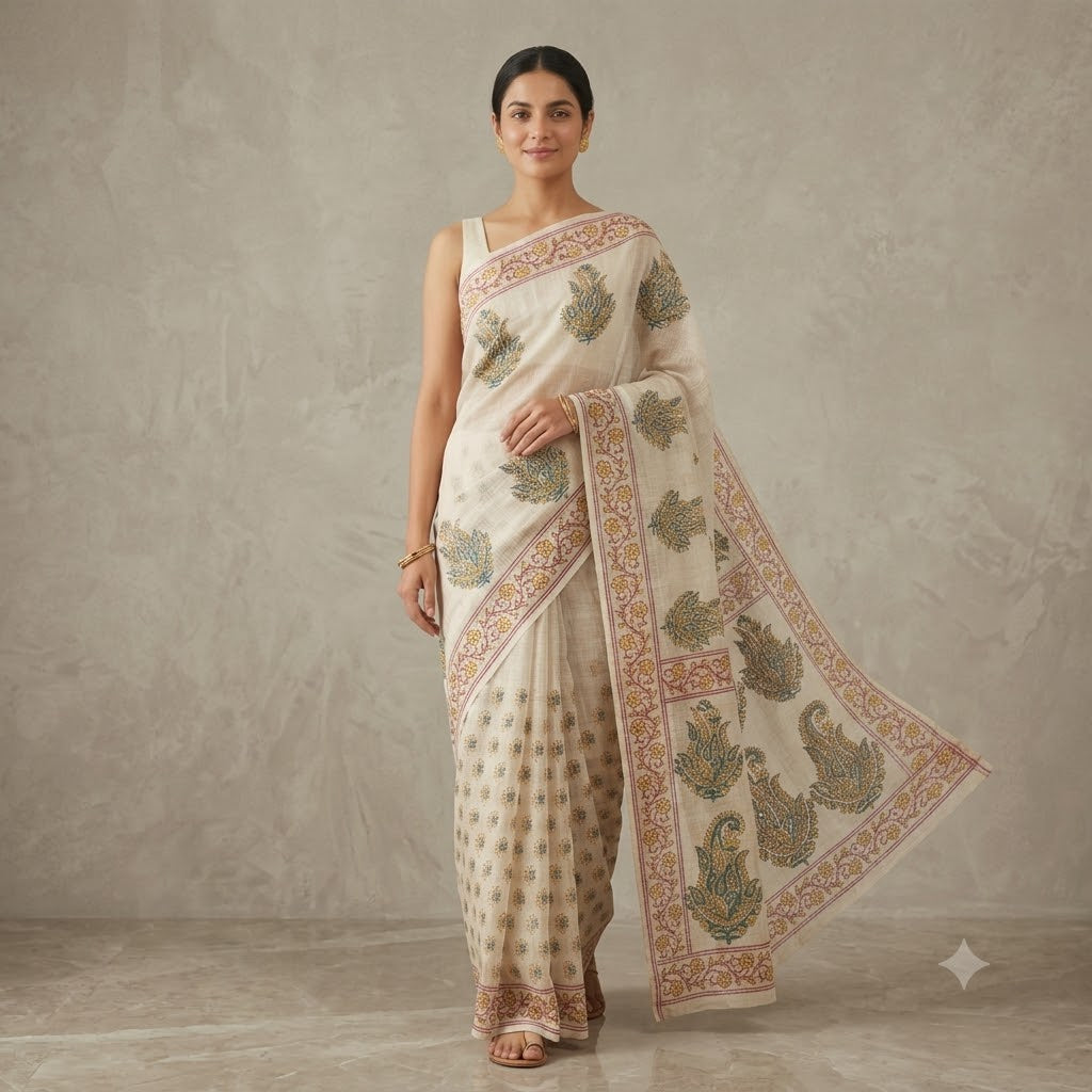 Kota Doriya Saree | Ivory Green Paisley Print