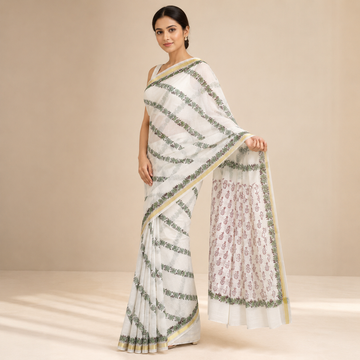 Kota Doriya Saree | White Green Floral Stripe Print
