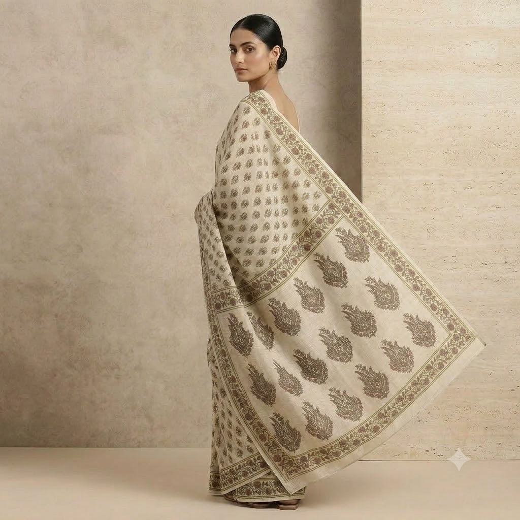 Kota Doriya Saree | Ivory Olive Green Buti Print