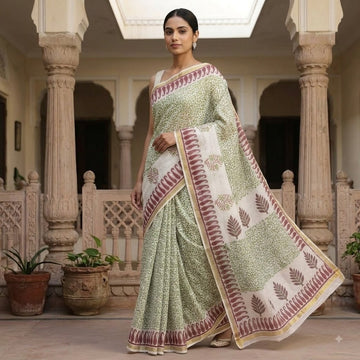 Kota Doriya Saree | Sage Green Leaf Print