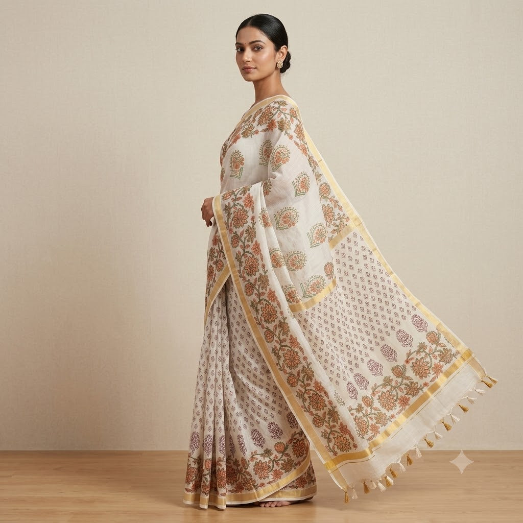 Kota Doriya Saree | Off White Rust Floral Print