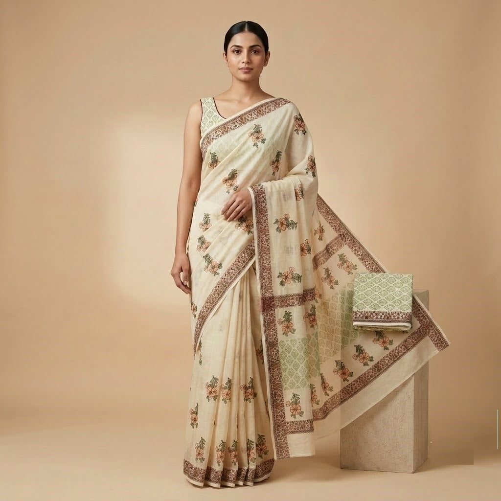 Kota Doriya Saree | Cream Green Floral Print