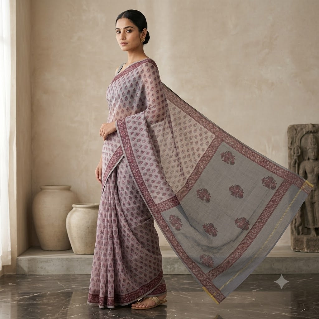 Kota Doriya Saree | Grey Maroon Floral Print
