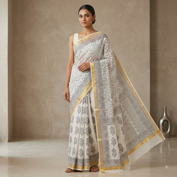 Kota Doriya Saree | White Grey Floral Print