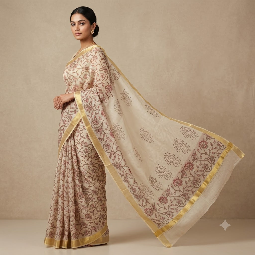 Kota Doriya Saree | Ivory Pink Floral Jaal Print