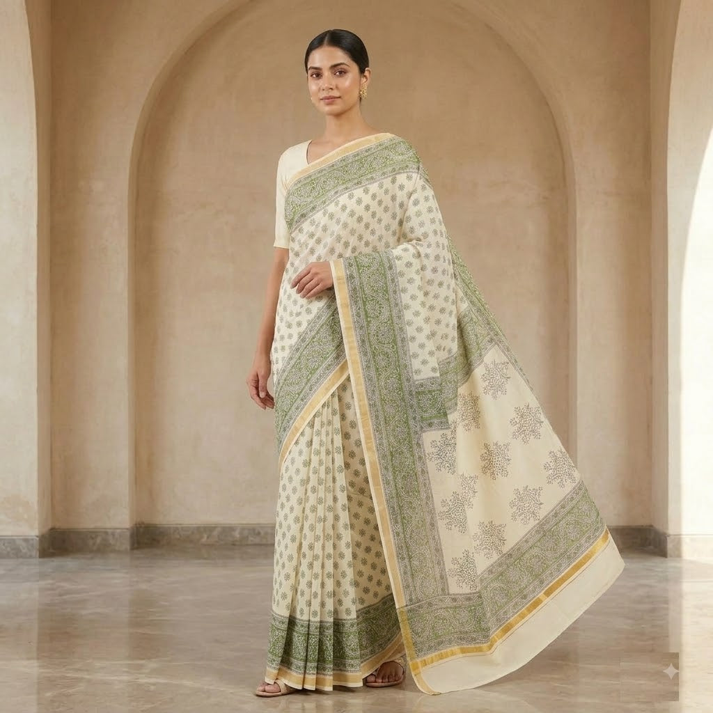 Kota Doriya Saree | Ivory Green Buti Print