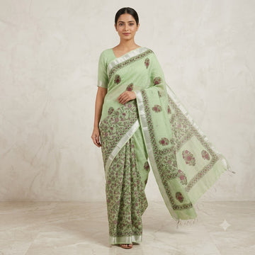 Kota Doriya Saree | Pista Green Olive Floral Print