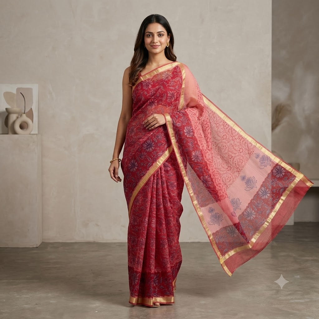 Kota Doriya Saree | Red Pink Floral Print