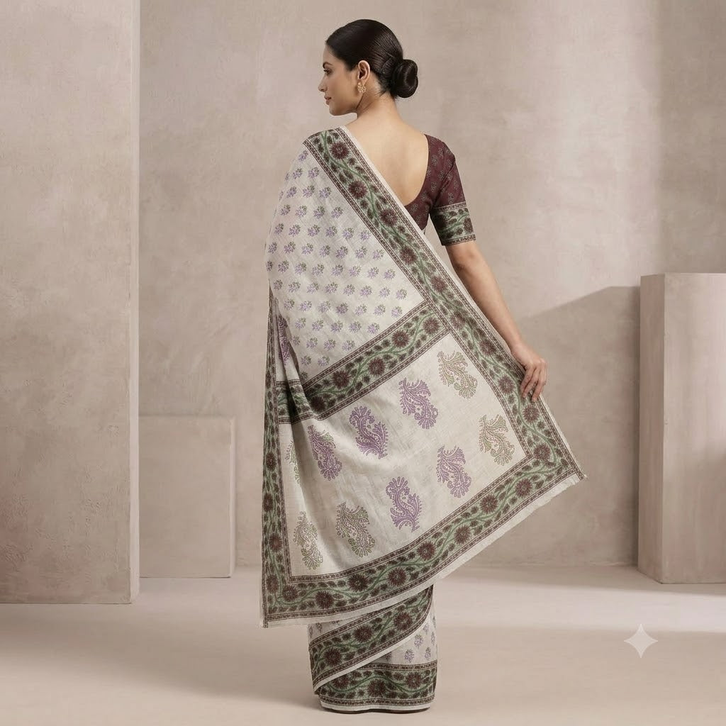 Kota Doriya Saree | Ivory Green Purple Buti Print