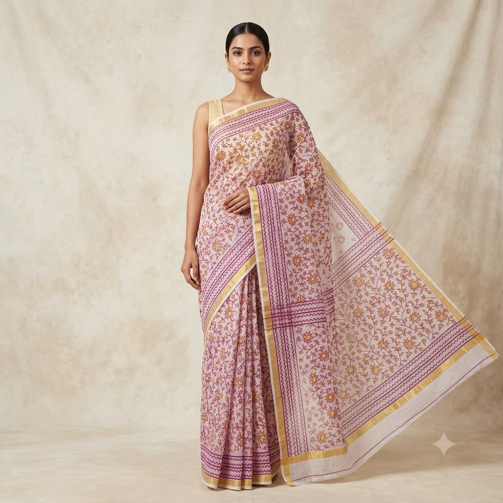 Kota Doriya Saree | Pink Mustard Floral Print