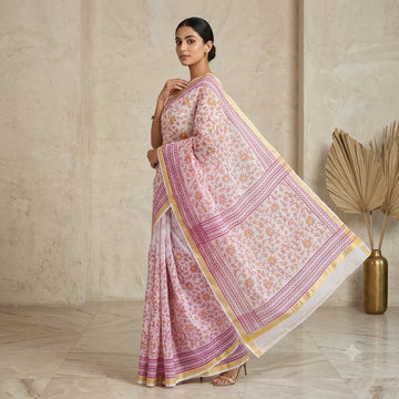 Kota Doriya Saree | Pink Mustard Floral Print