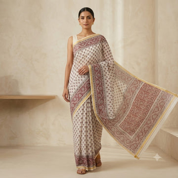 Kota Doriya Saree | Off White Maroon Floral Print