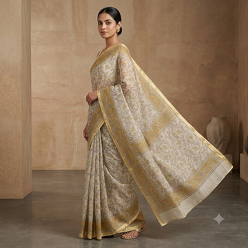 Kota Doriya Saree | Beige Mustard Floral Print