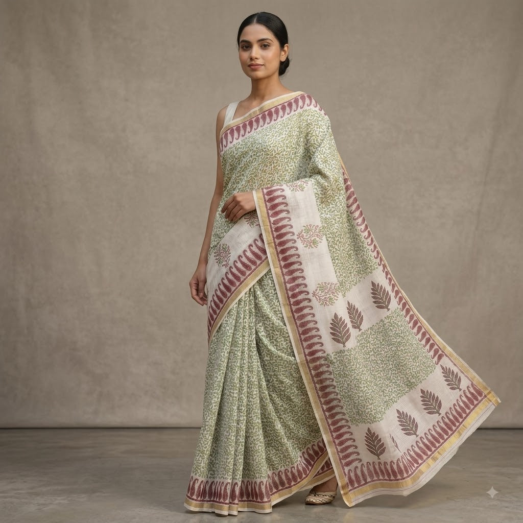 Kota Doriya Saree | Sage Green Leaf Print