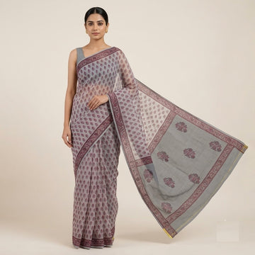Kota Doriya Saree | Grey Maroon Floral Print
