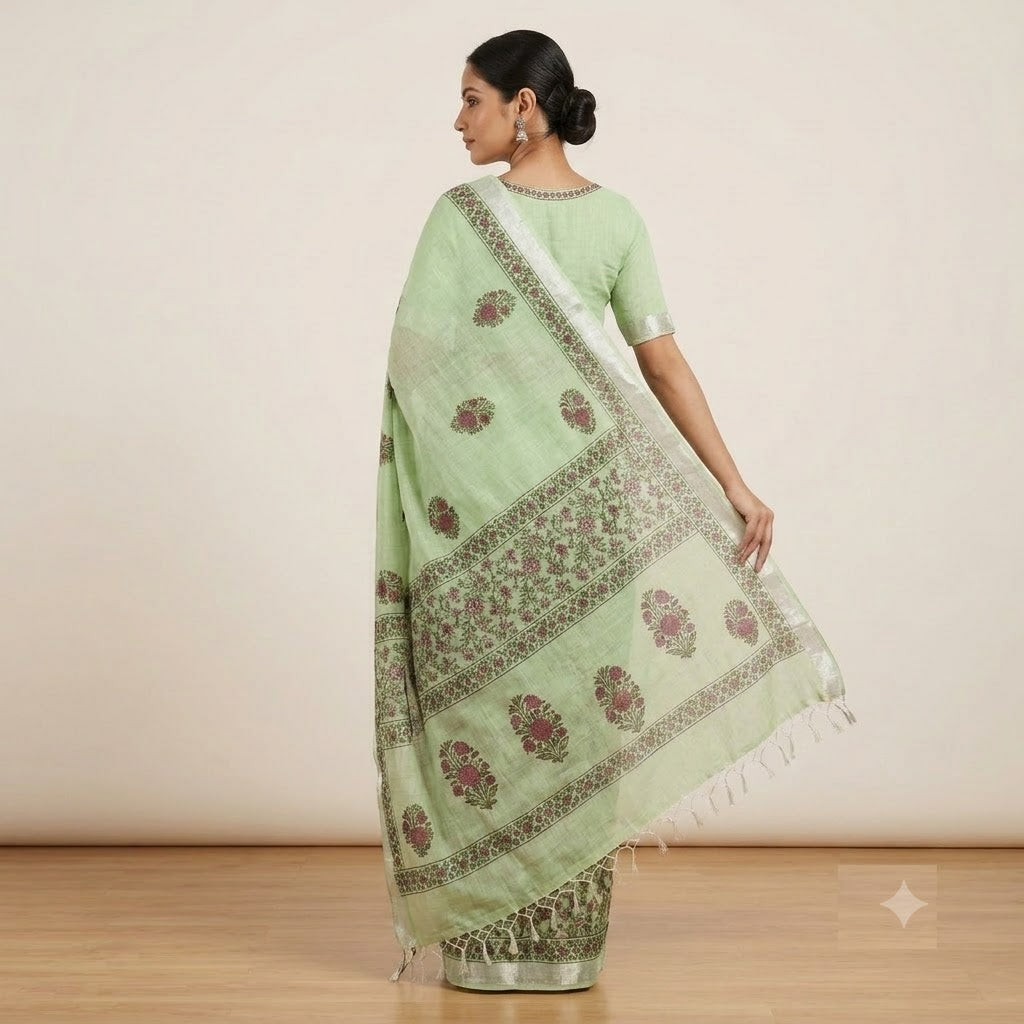 Kota Doriya Saree | Pista Green Olive Floral Print