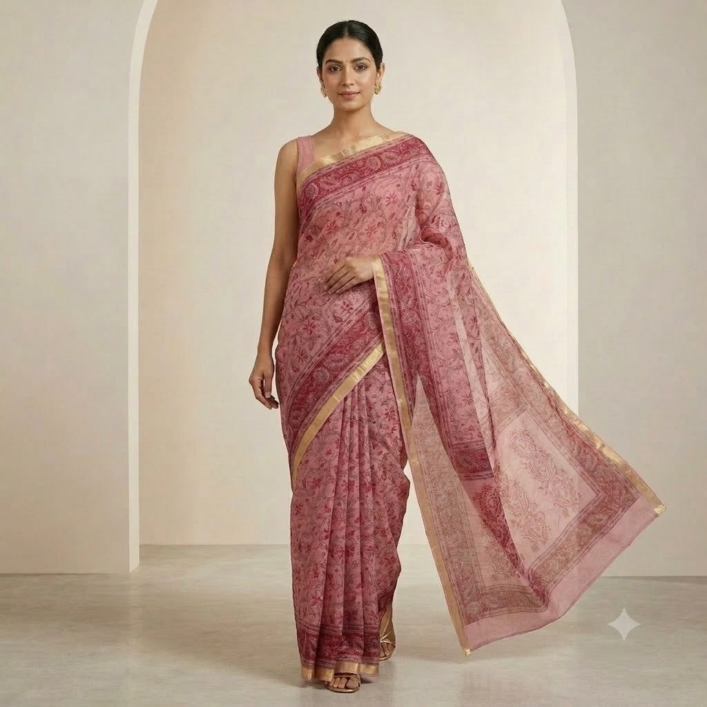 Kota Doriya Saree | Pink Maroon Floral Jaal Print