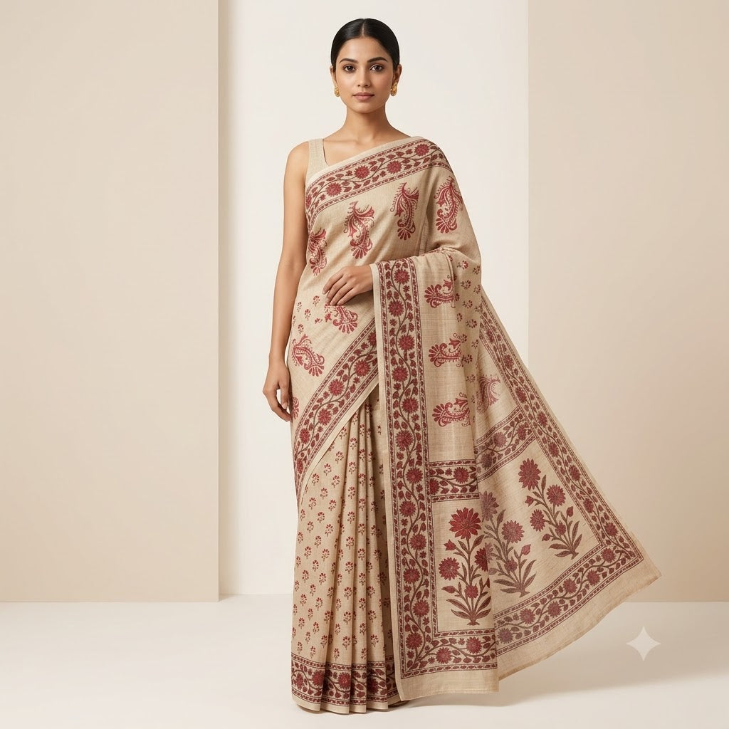 Kota Doriya Saree | Beige Maroon Floral Print