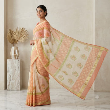 Kota Doriya Saree | Peach Cream Floral Print