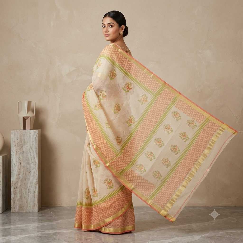 Kota Doriya Saree | Peach Cream Floral Print