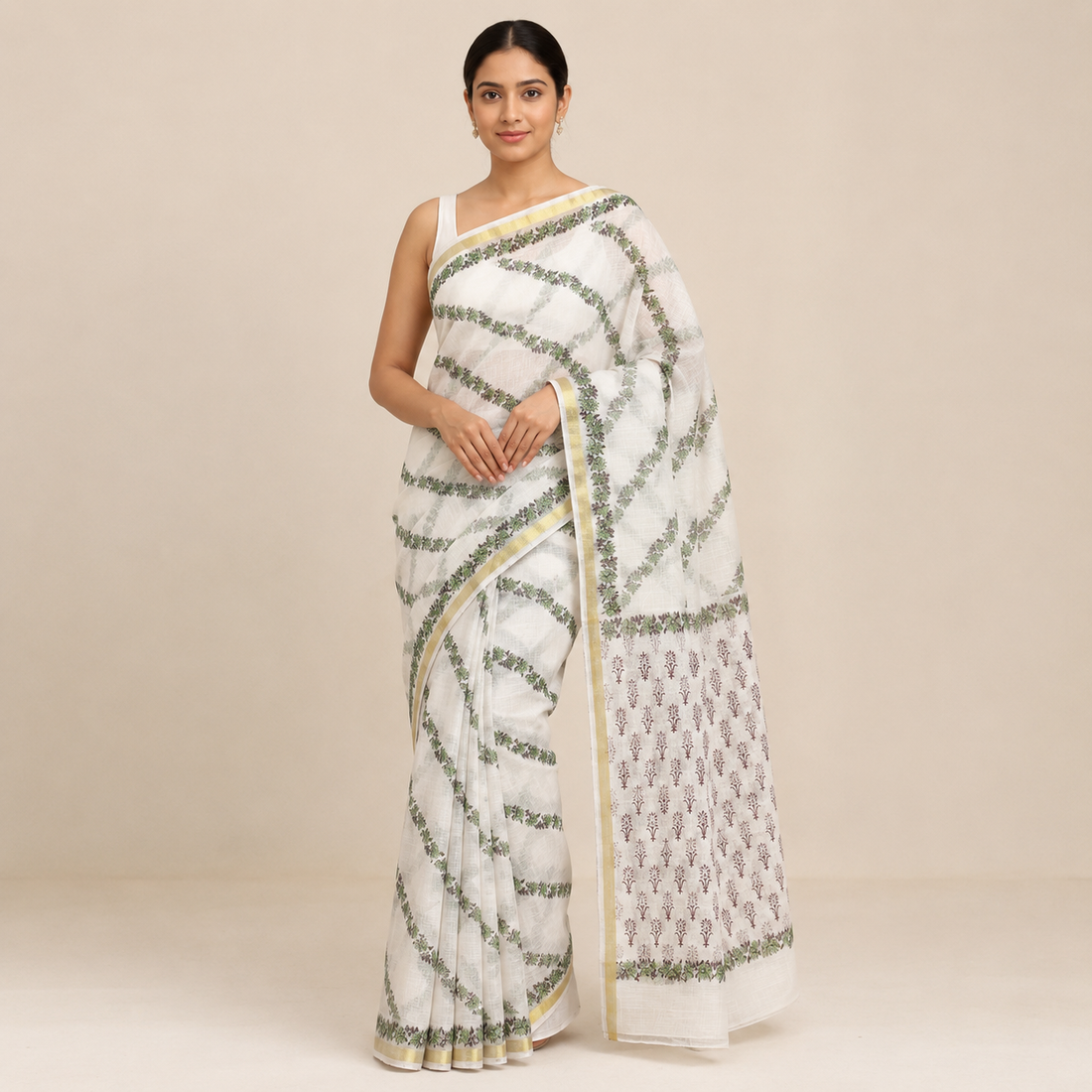 Kota Doriya Saree | White Green Floral Stripe Print