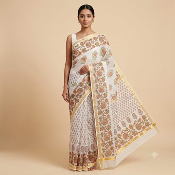Kota Doriya Saree | Off White Rust Floral Print