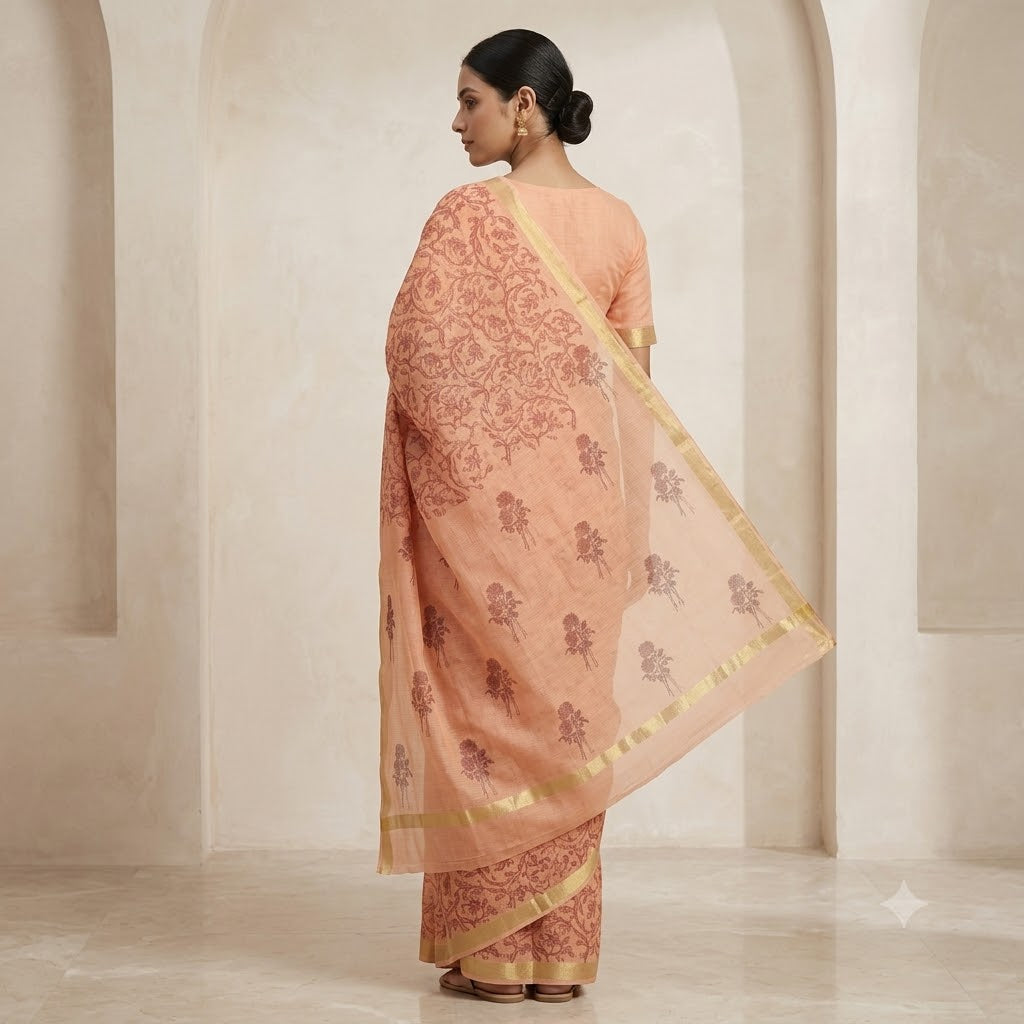 Kota Doriya Saree | Peach Orange Floral Jaal Print