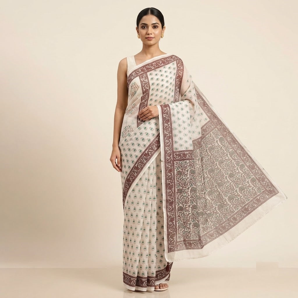 Kota Doriya Saree | White Maroon Floral Print