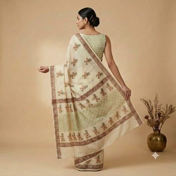 Kota Doriya Saree | Cream Green Floral Print