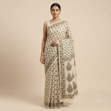 Kota Doriya Saree | Ivory Olive Green Buti Print
