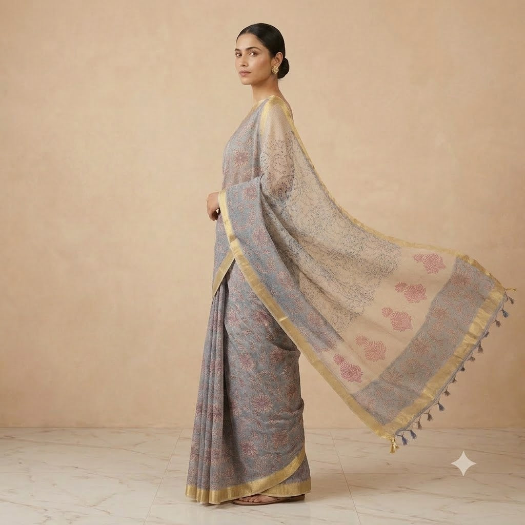 Kota Doriya Saree | Grey Multicolour Floral Print