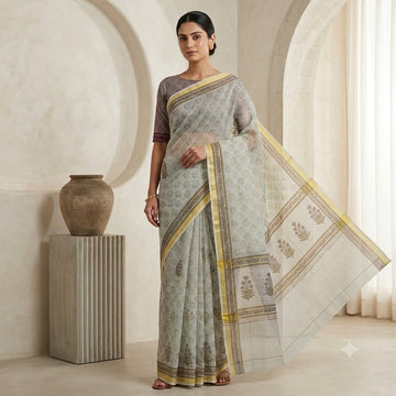 Kota Doriya Saree | Grey Sage Floral Print