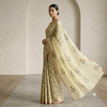 Kota Doriya Saree | Lemon Yellow Olive Floral Print