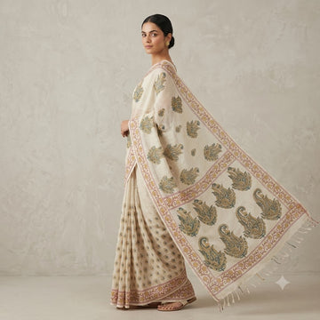 Kota Doriya Saree | Ivory Green Paisley Print