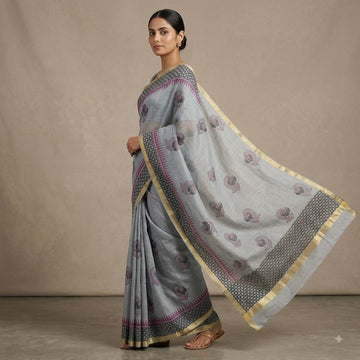 Kota Doriya Saree | Grey Pink Floral Print