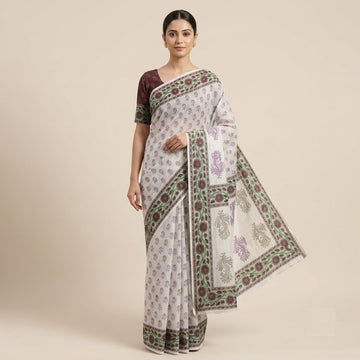 Kota Doriya Saree | Ivory Green Purple Buti Print