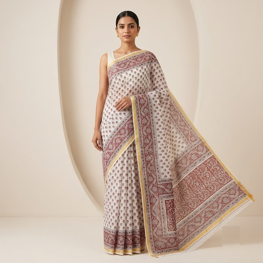 Kota Doriya Saree | Off White Maroon Floral Print