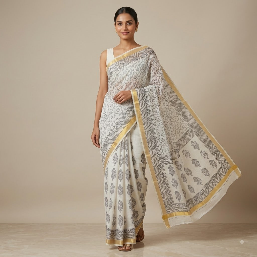 Kota Doriya Saree | White Grey Floral Print