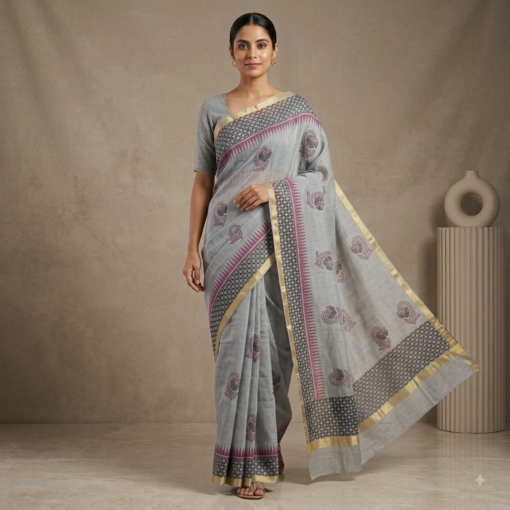 Kota Doriya Saree | Grey Pink Floral Print