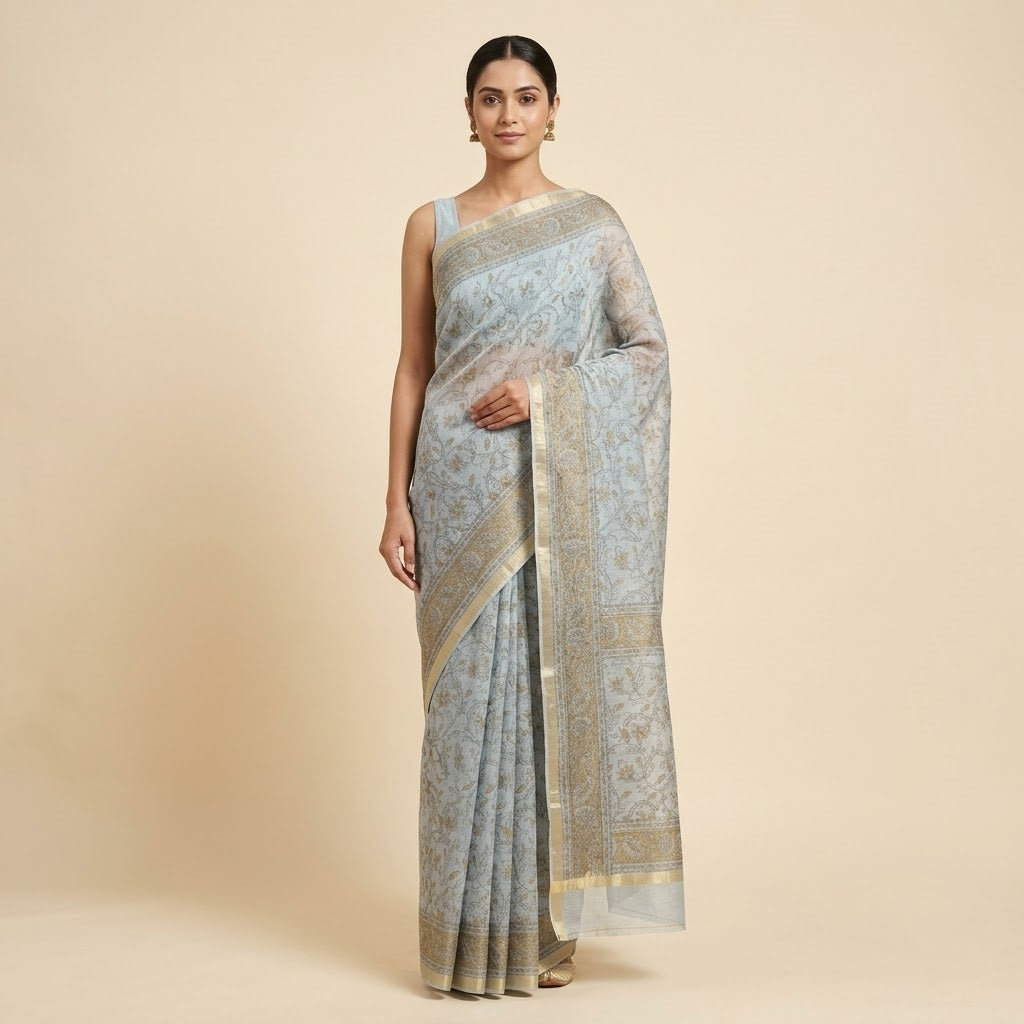 Kota Doriya Saree | Powder Blue Gold Floral Print