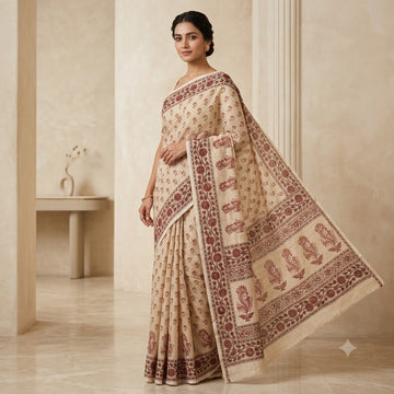 Kota Doriya Saree | Beige Maroon Floral Print