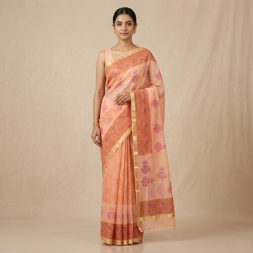 Kota Doriya Saree | Peach Pink Floral Print
