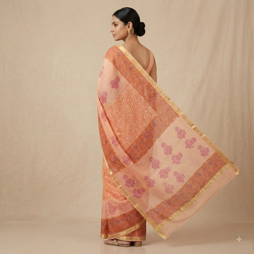 Kota Doriya Saree | Peach Pink Floral Print