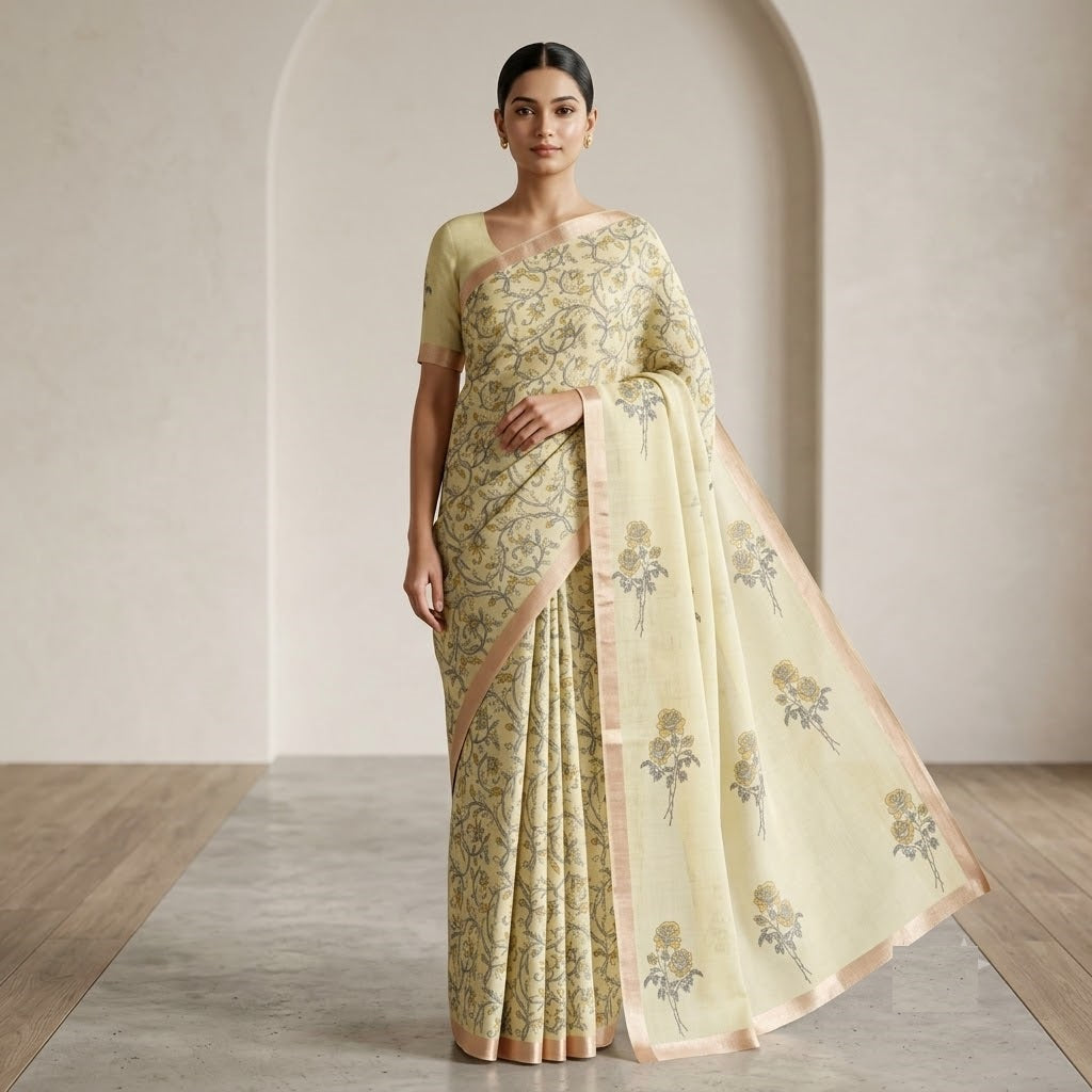 Kota Doriya Saree | Lemon Yellow Olive Floral Print